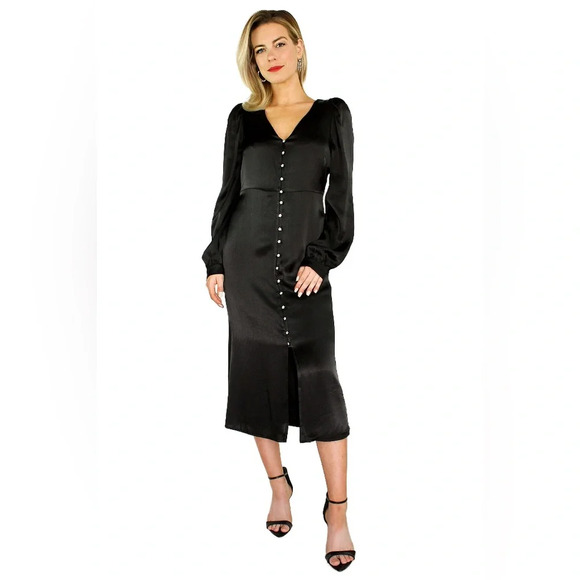 En Saison Lizette Satin V Neck Long Sleeve Button-Up Midi Rhinestone Dress Med - Picture 3 of 13